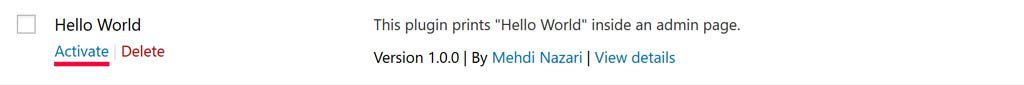 WordPress hello world plugin in plugins list