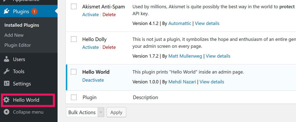 Hello World menu item in admin panel